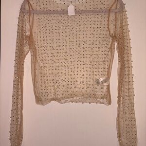 white birch Nude Sheer Long-Sleeve Top with Crystal Embellishments
